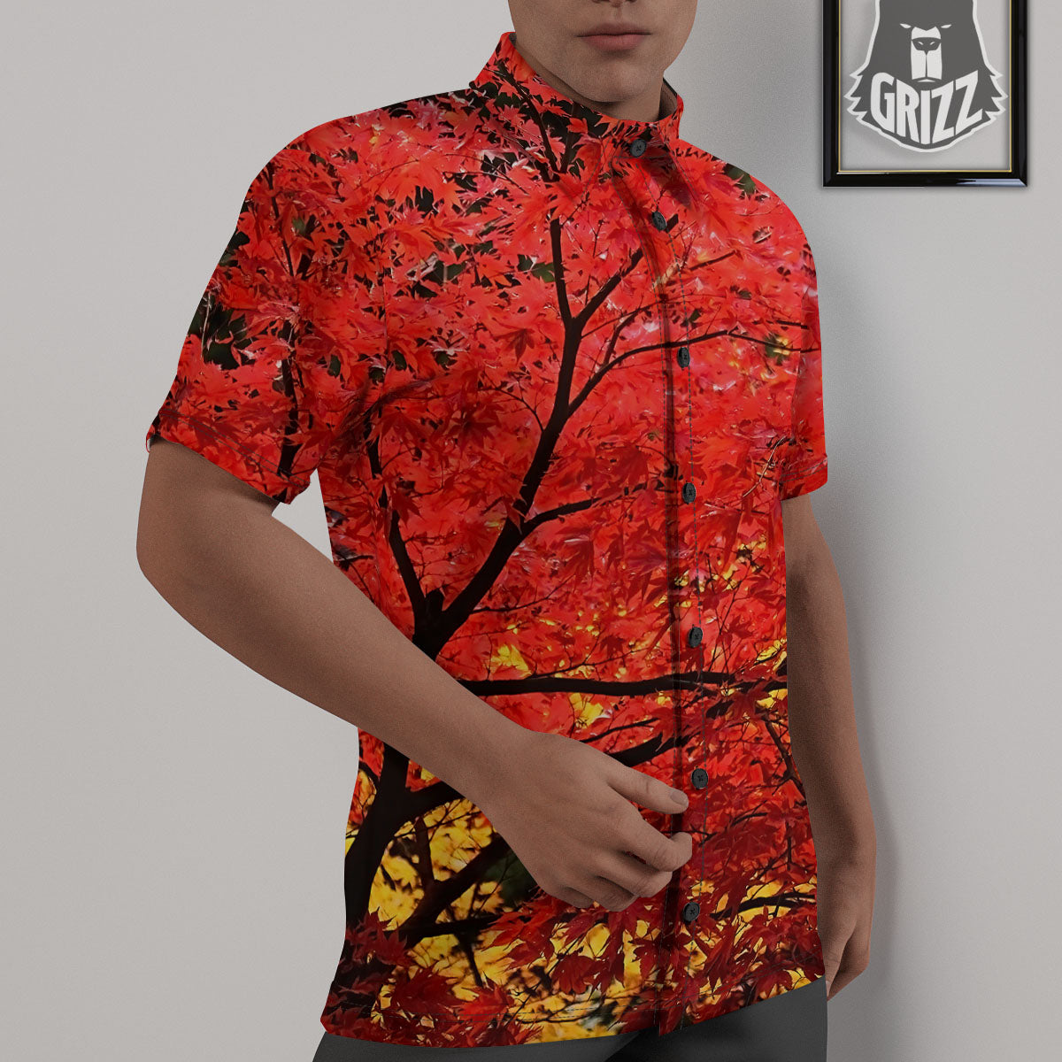 Autumn Trees Red Print Untucked Shirts-grizzshop