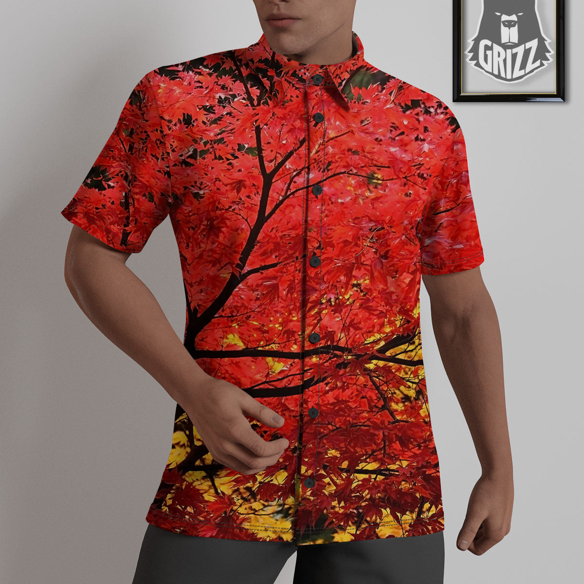 Autumn Trees Red Print Untucked Shirts-grizzshop