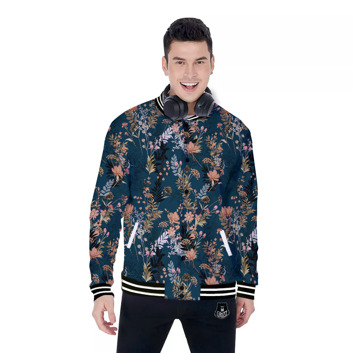 Autumn Vintage Print Pattern Baseball Jacket-grizzshop