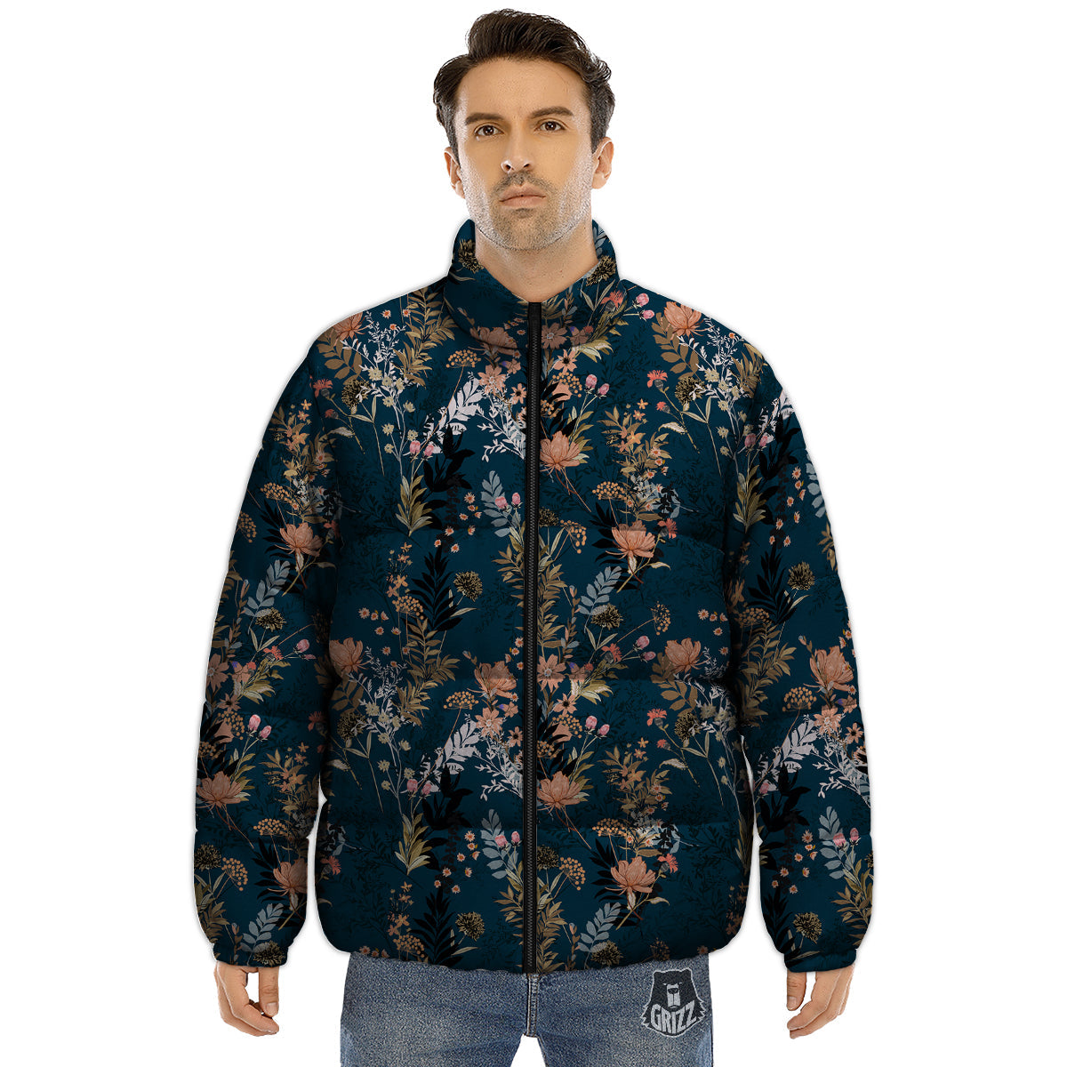 Autumn Vintage Print Pattern Puffer Jacket-grizzshop