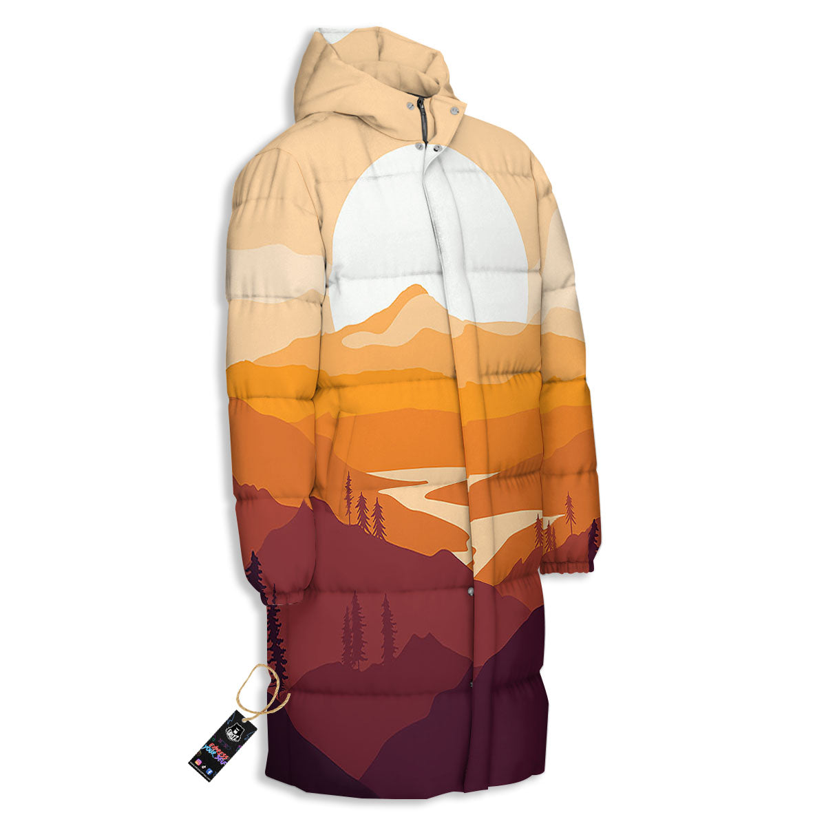 Autumn Mountains Sunset Print Long Down Jacket