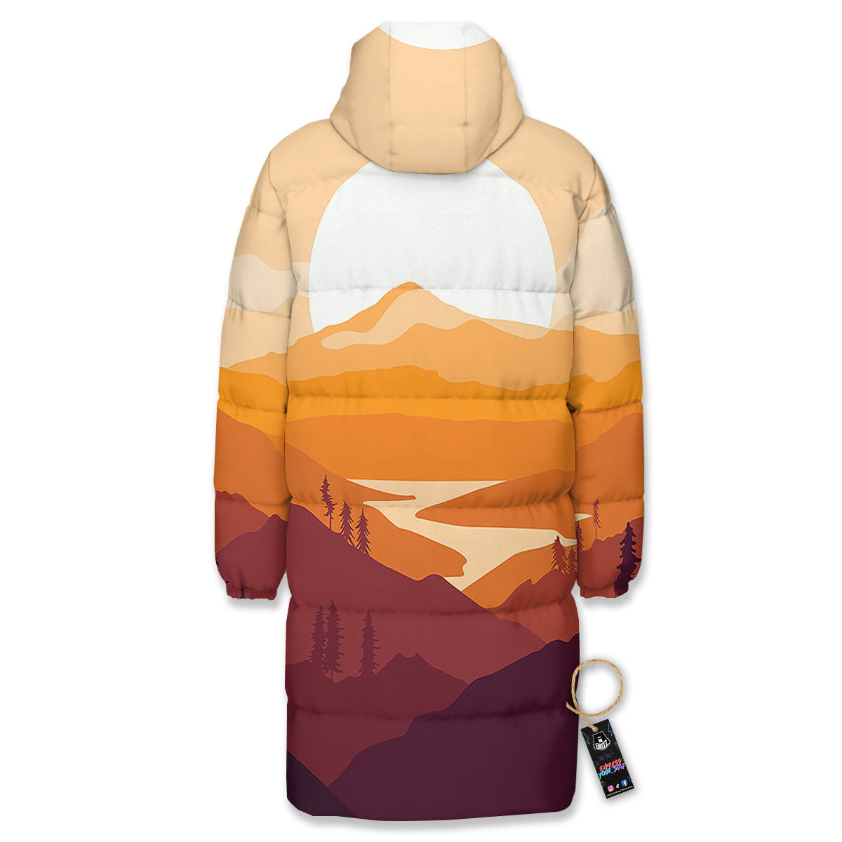 Autumn Mountains Sunset Print Long Down Jacket