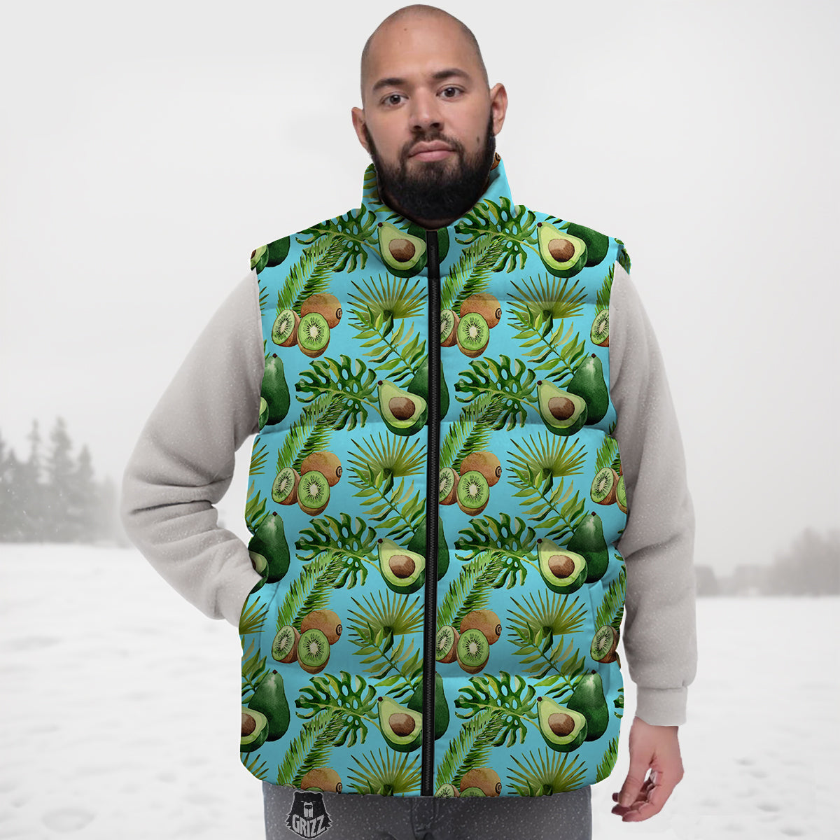 Avocado And Watercolor Kiwi Print Pattern Down Vest