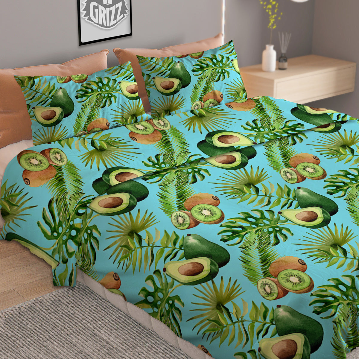 Avocado And Watercolor Kiwi Print Pattern Duvet Cover Bedding Set