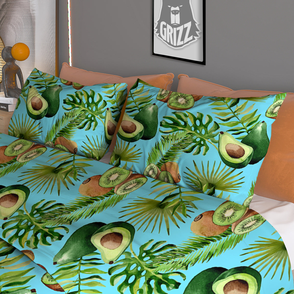 Avocado And Watercolor Kiwi Print Pattern Duvet Cover Bedding Set