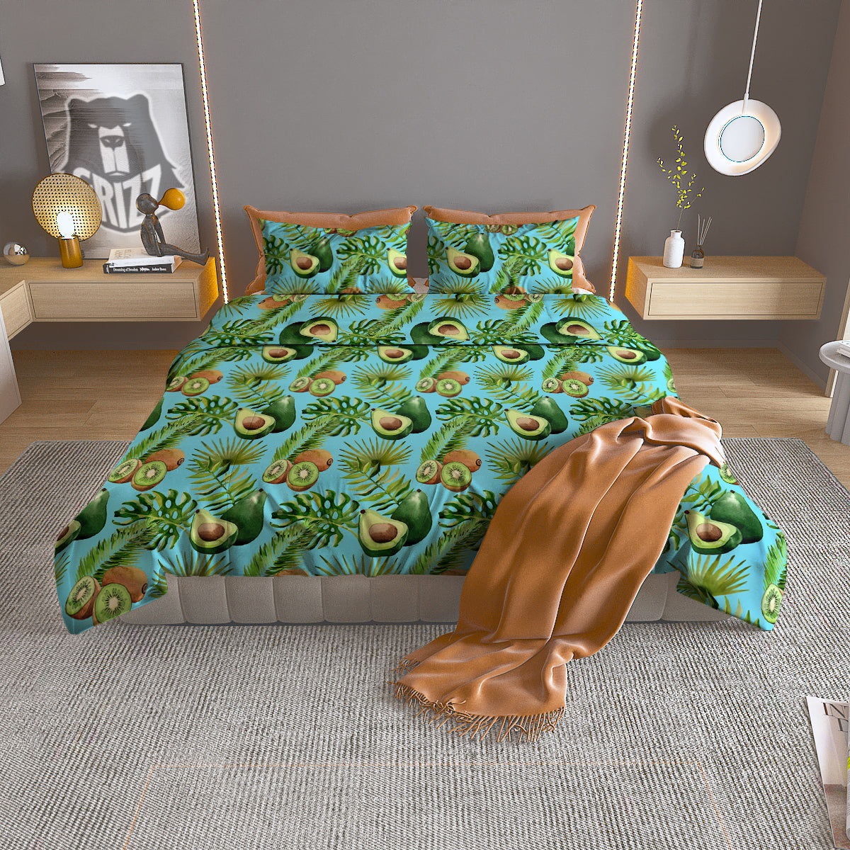 Avocado And Watercolor Kiwi Print Pattern Duvet Cover Bedding Set