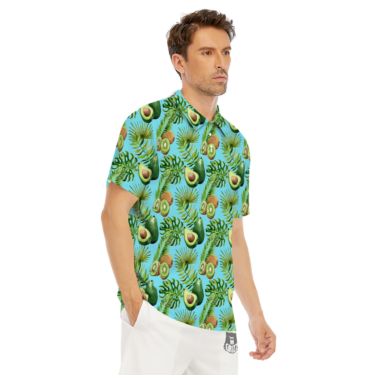 Avocado And Watercolor Kiwi Print Pattern Men's Golf Shirts-grizzshop