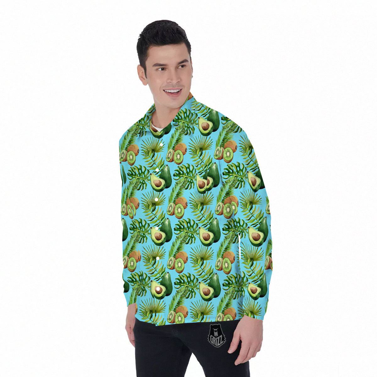 Avocado And Watercolor Kiwi Print Pattern Men's Long Sleeve Shirts-grizzshop