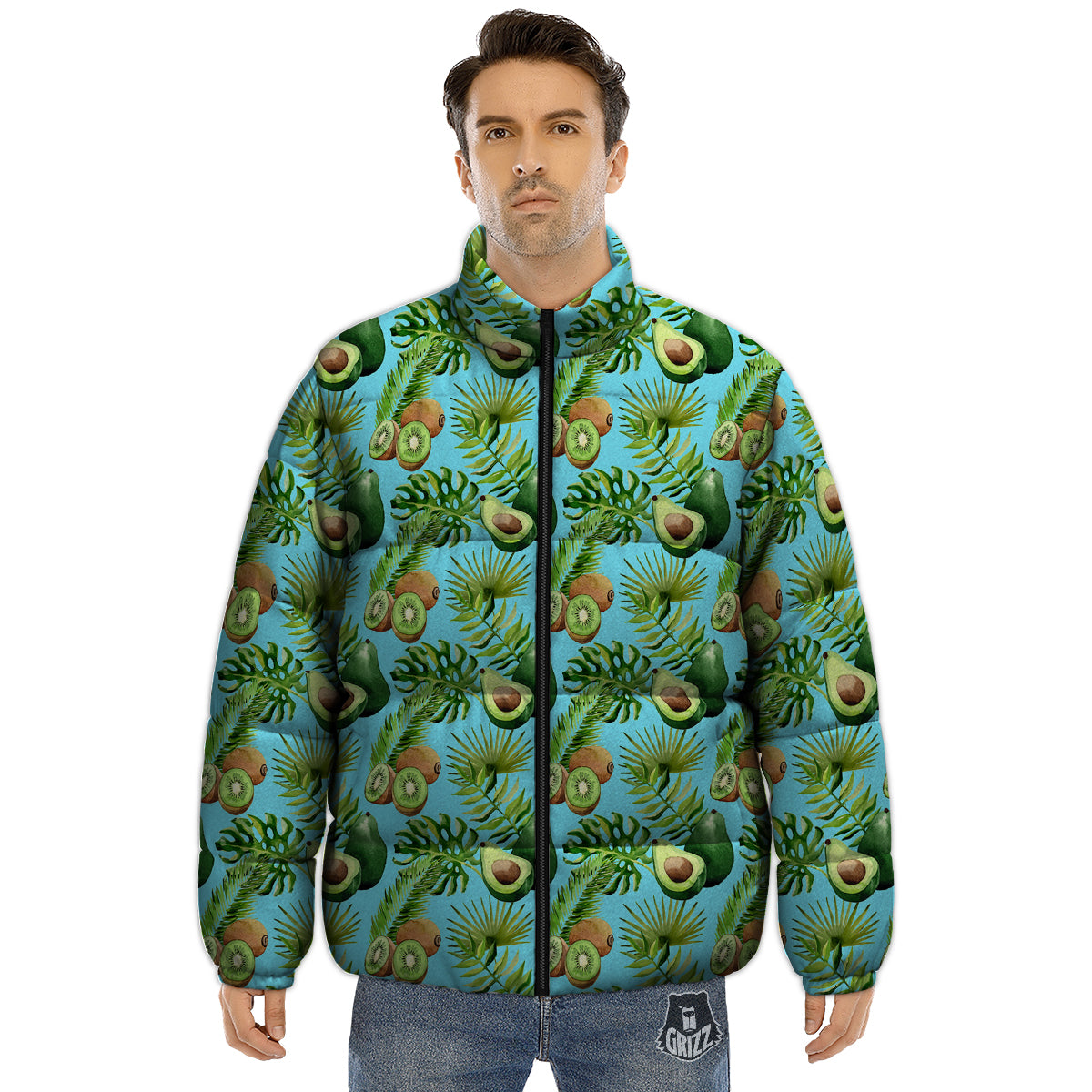 Avocado And Watercolor Kiwi Print Pattern Puffer Jacket-grizzshop