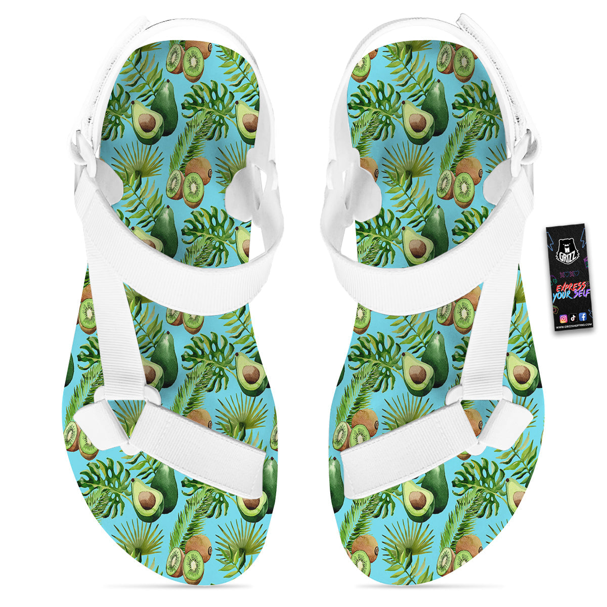 Avocado And Watercolor Kiwi Print Pattern White Open Toe Sandals-grizzshop
