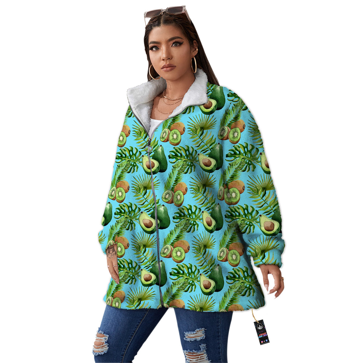 Avocado And Watercolor Kiwi Print Pattern Women's Sherpa Jacket-grizzshop