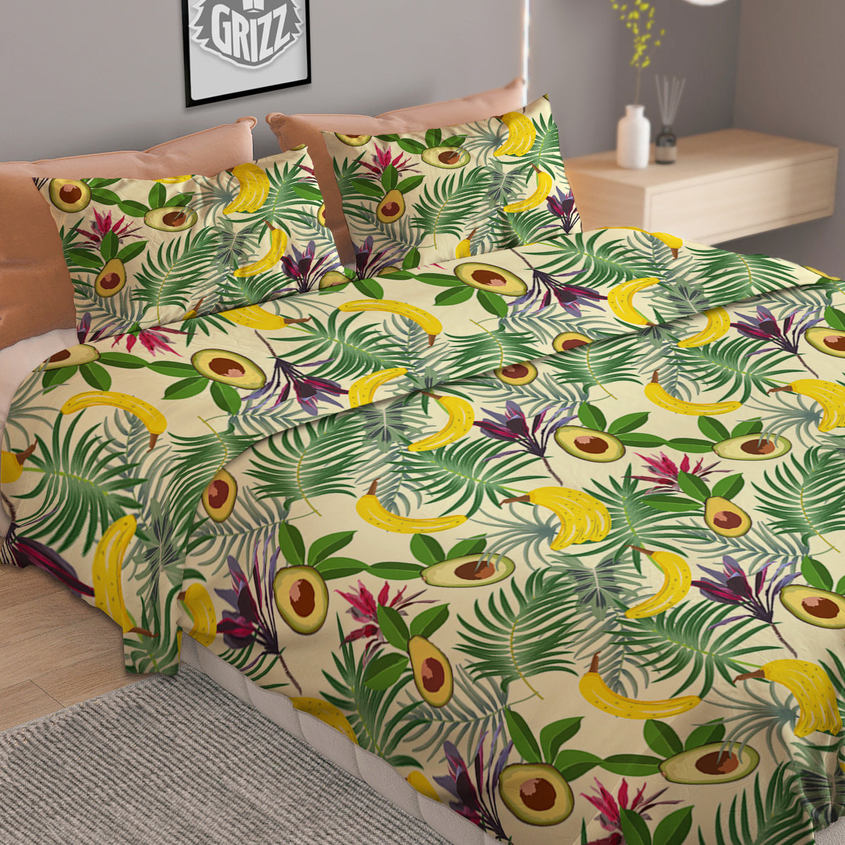 Avocado Banana Leaf Print Pattern Duvet Cover Bedding Set