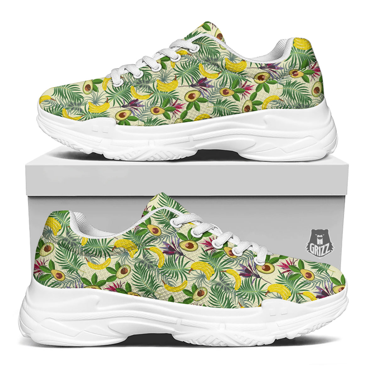 Avocado Banana Leaf Print Pattern White Chunky Shoes-grizzshop