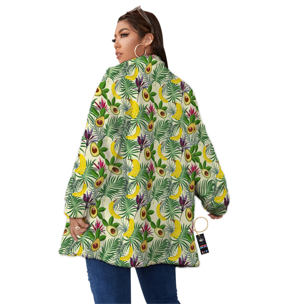 Avocado Banana Leaf Print Pattern Women's Sherpa Jacket-grizzshop