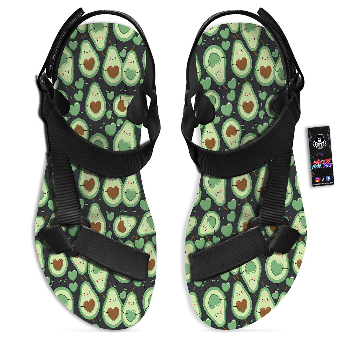 Avocado Cute Print Pattern Black Open Toe Sandals-grizzshop