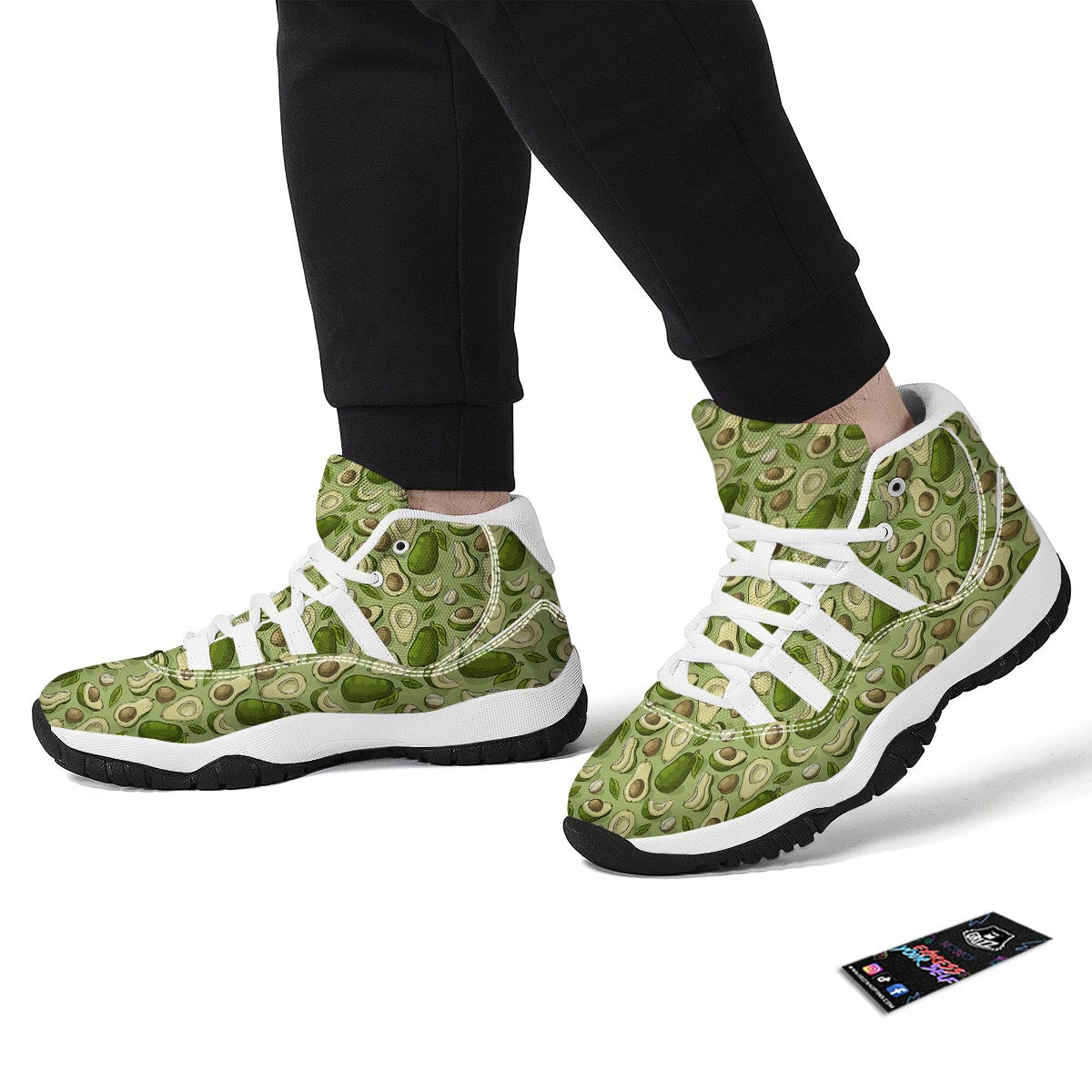Avocado Green Pattern Print White Bball Shoes-grizzshop