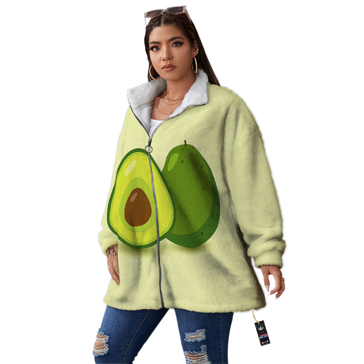 Avocado Green Print Women's Sherpa Jacket-grizzshop