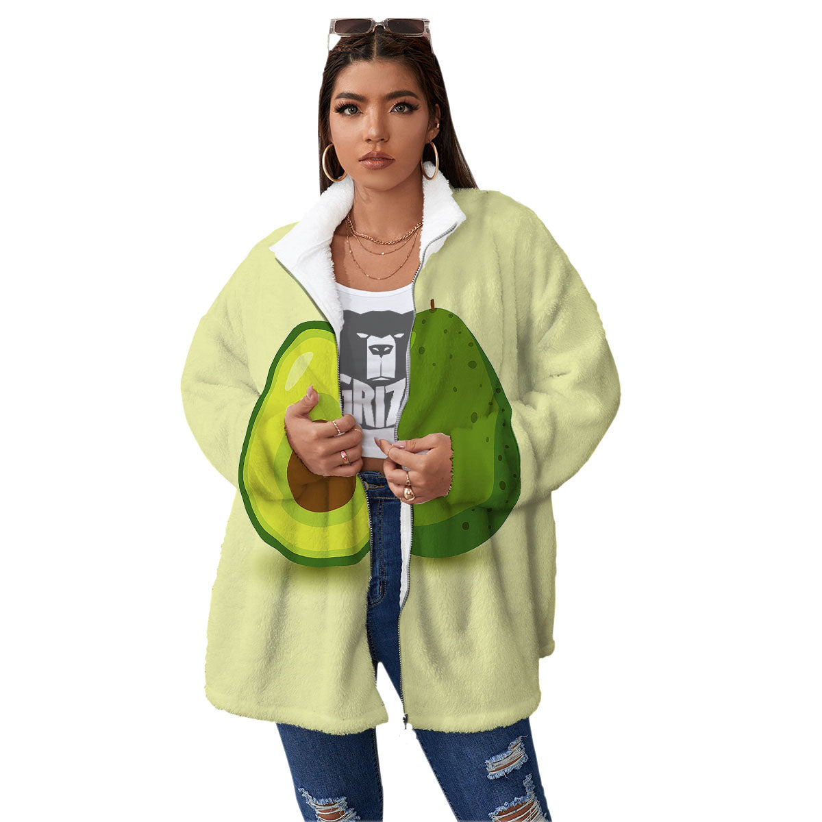 Avocado Green Print Women's Sherpa Jacket-grizzshop