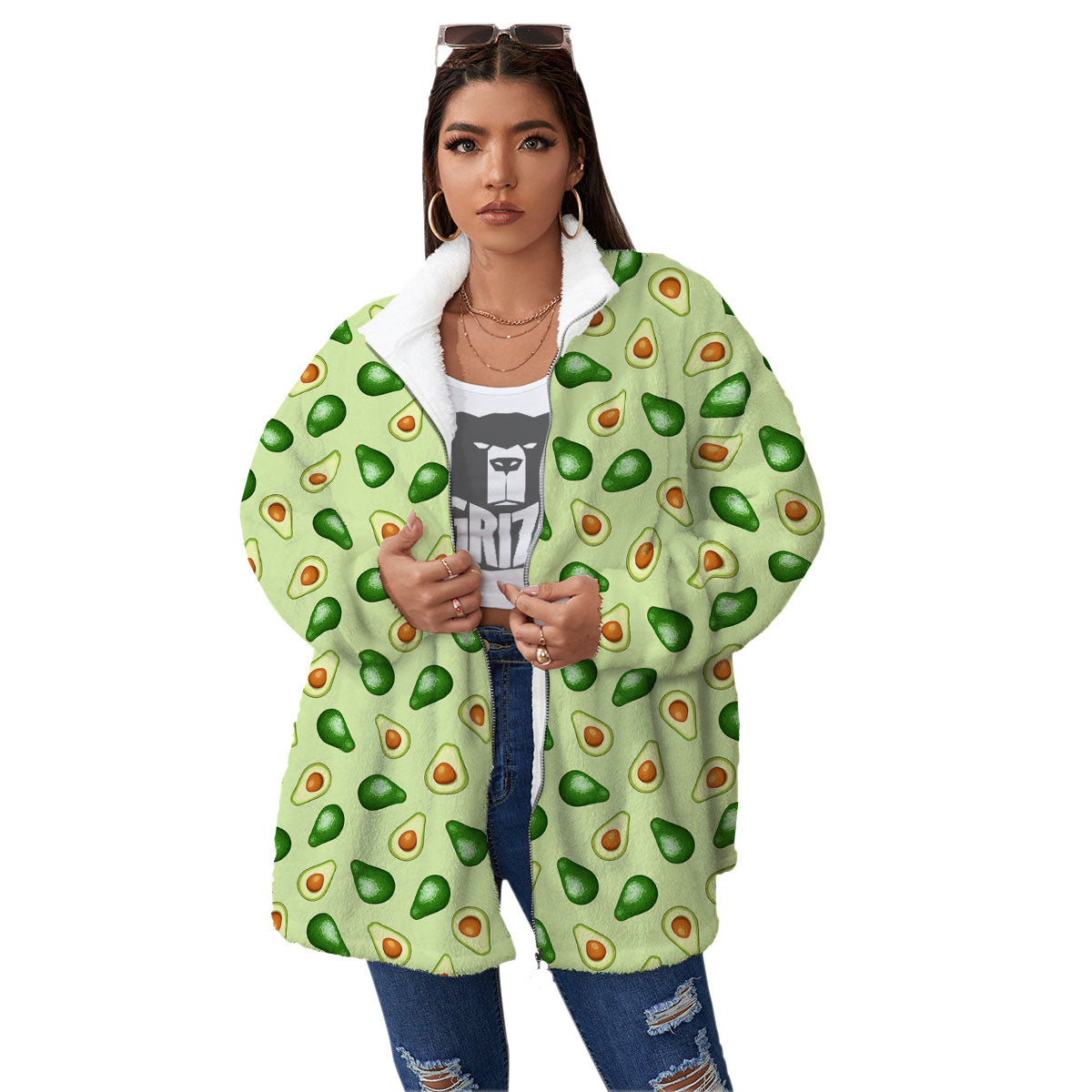 Avocado Half Cut Print Women's Sherpa Jacket-grizzshop