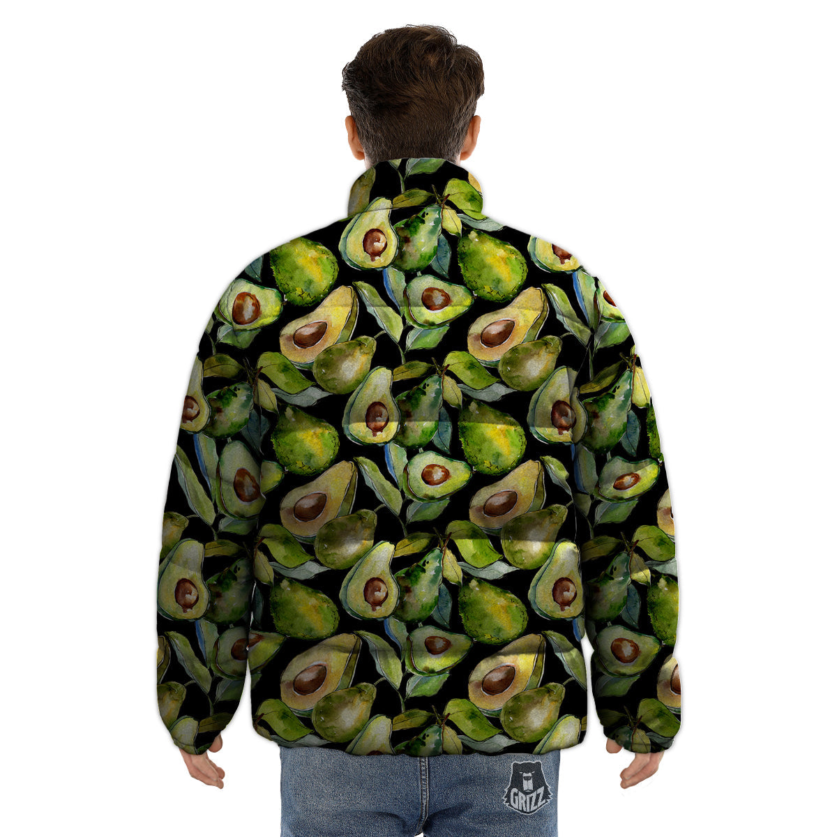 Avocado Watercolor Print Pattern Puffer Jacket-grizzshop