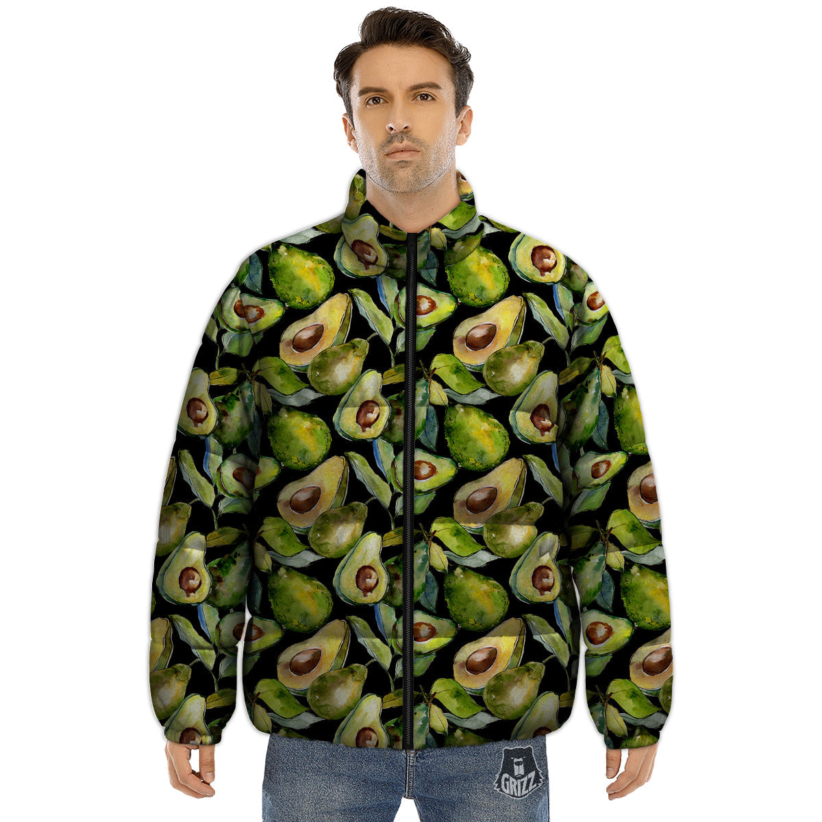 Avocado Watercolor Print Pattern Puffer Jacket-grizzshop