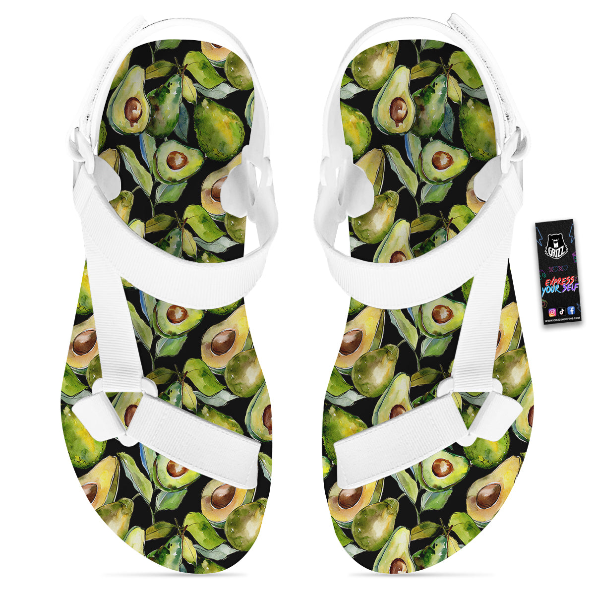 Avocado Watercolor Print Pattern White Open Toe Sandals-grizzshop