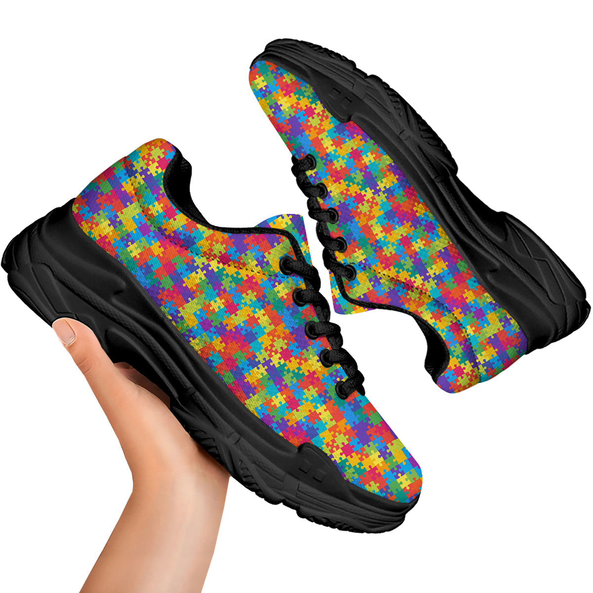 Awareness Puzzle Colorful Autism Print Black Chunky Shoes-grizzshop