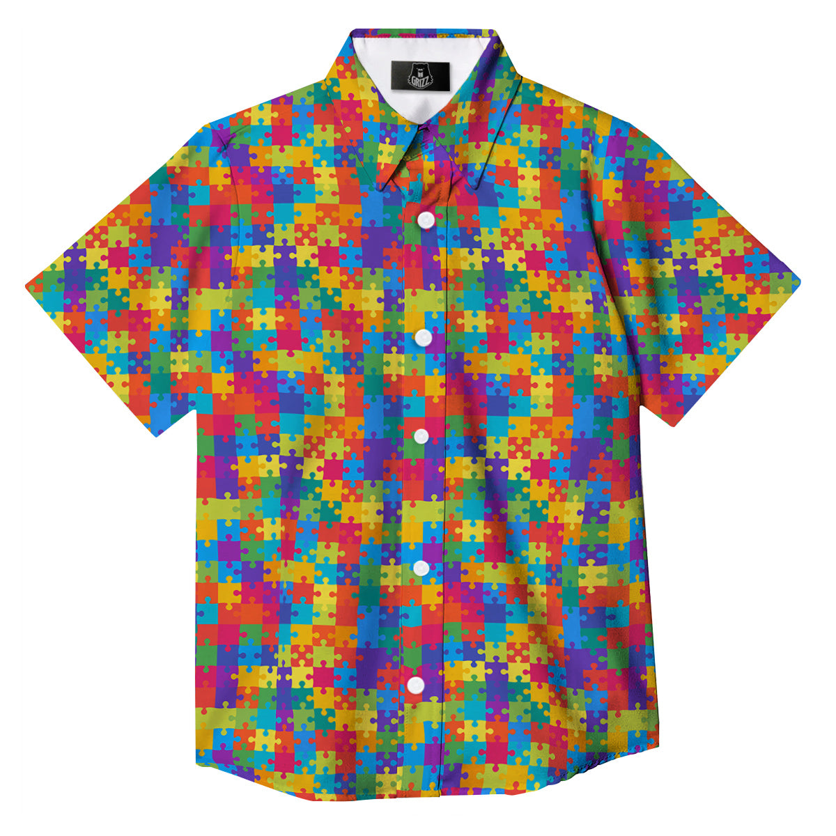 Awareness Puzzle Colorful Autism Print Button Up Shirt-grizzshop