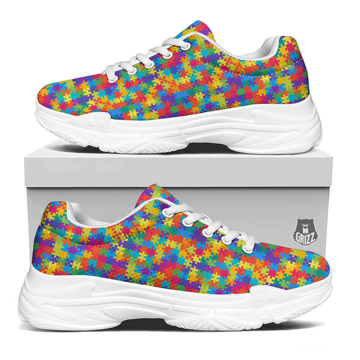Awareness Puzzle Colorful Autism Print White Chunky Shoes-grizzshop