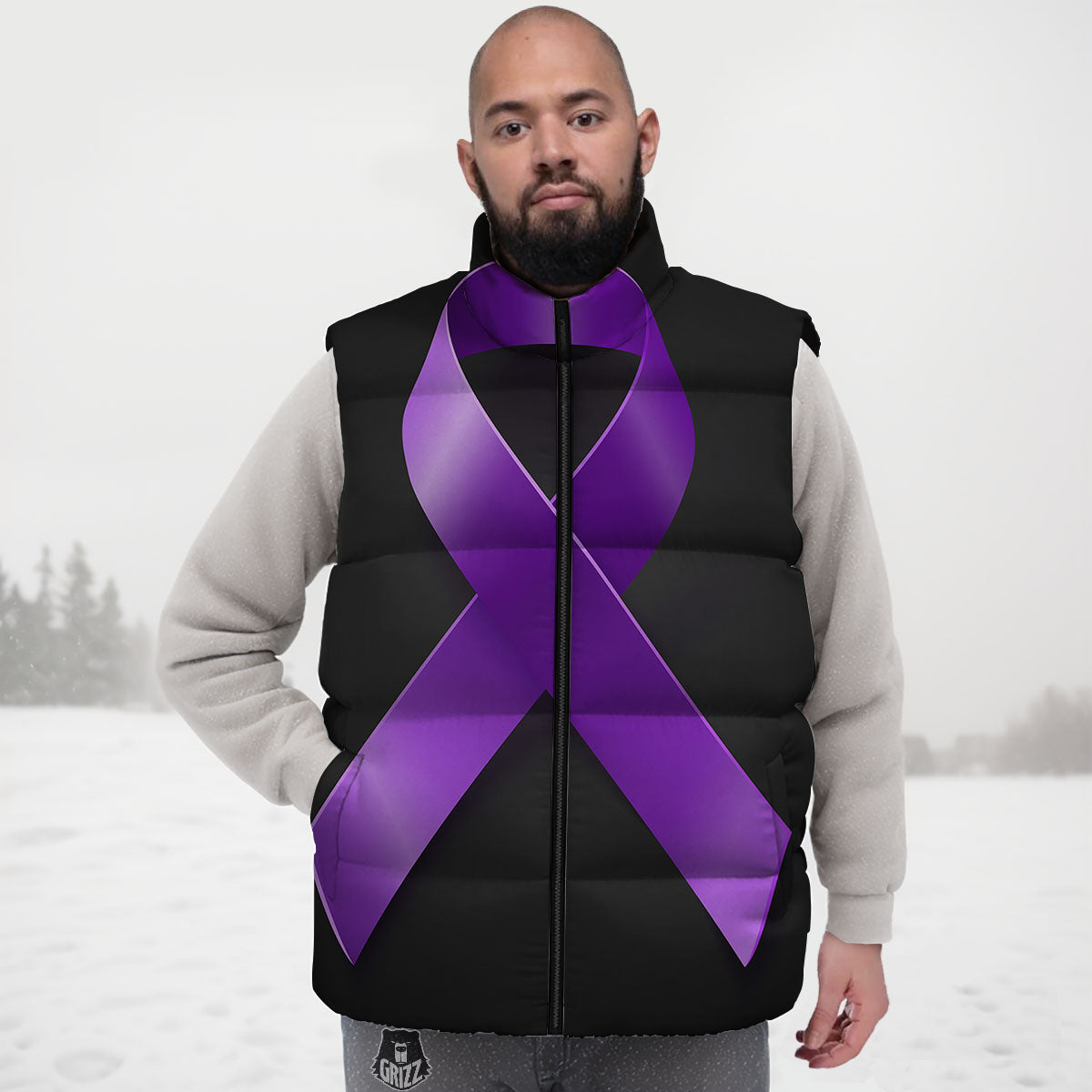 Awareness Ribbon Purple Cancer Print Down Vest