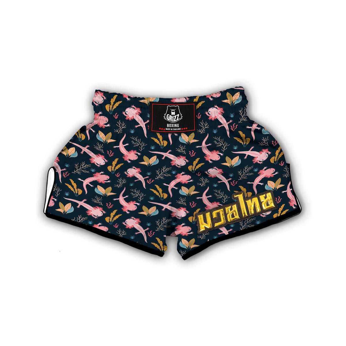 Axolotl Black Pattern Print Muay Thai Boxing Shorts-grizzshop
