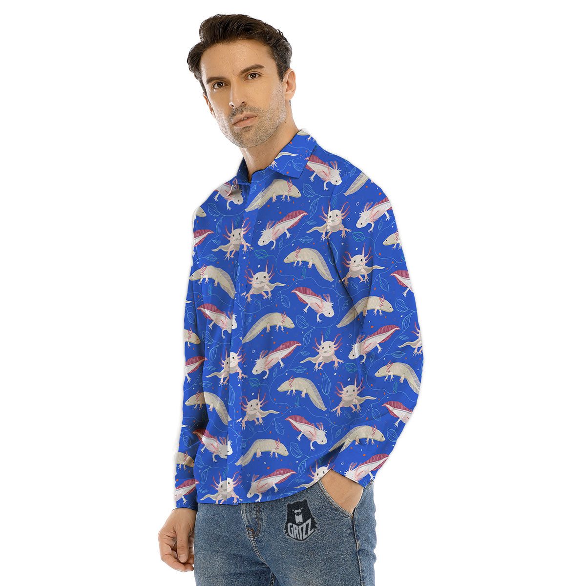 Axolotl Blue Print Pattern Men's Dress Shirts-grizzshop