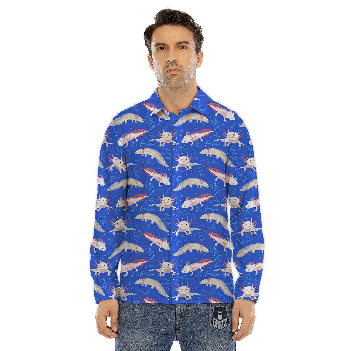 Axolotl Blue Print Pattern Men's Dress Shirts-grizzshop