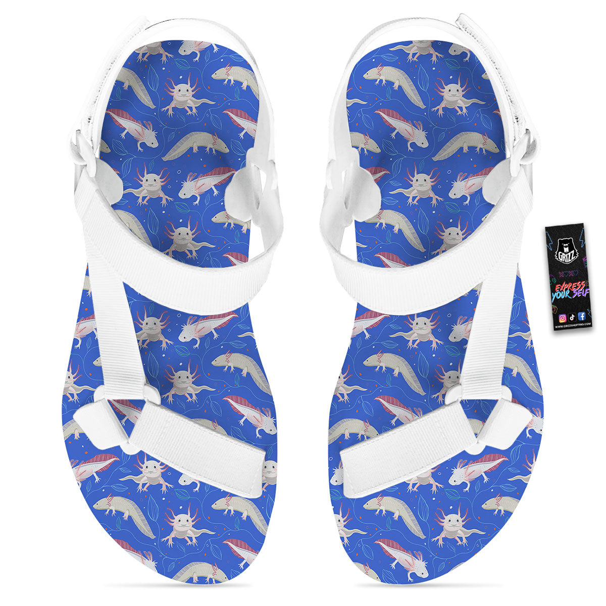 Axolotl Blue Print Pattern White Open Toe Sandals-grizzshop