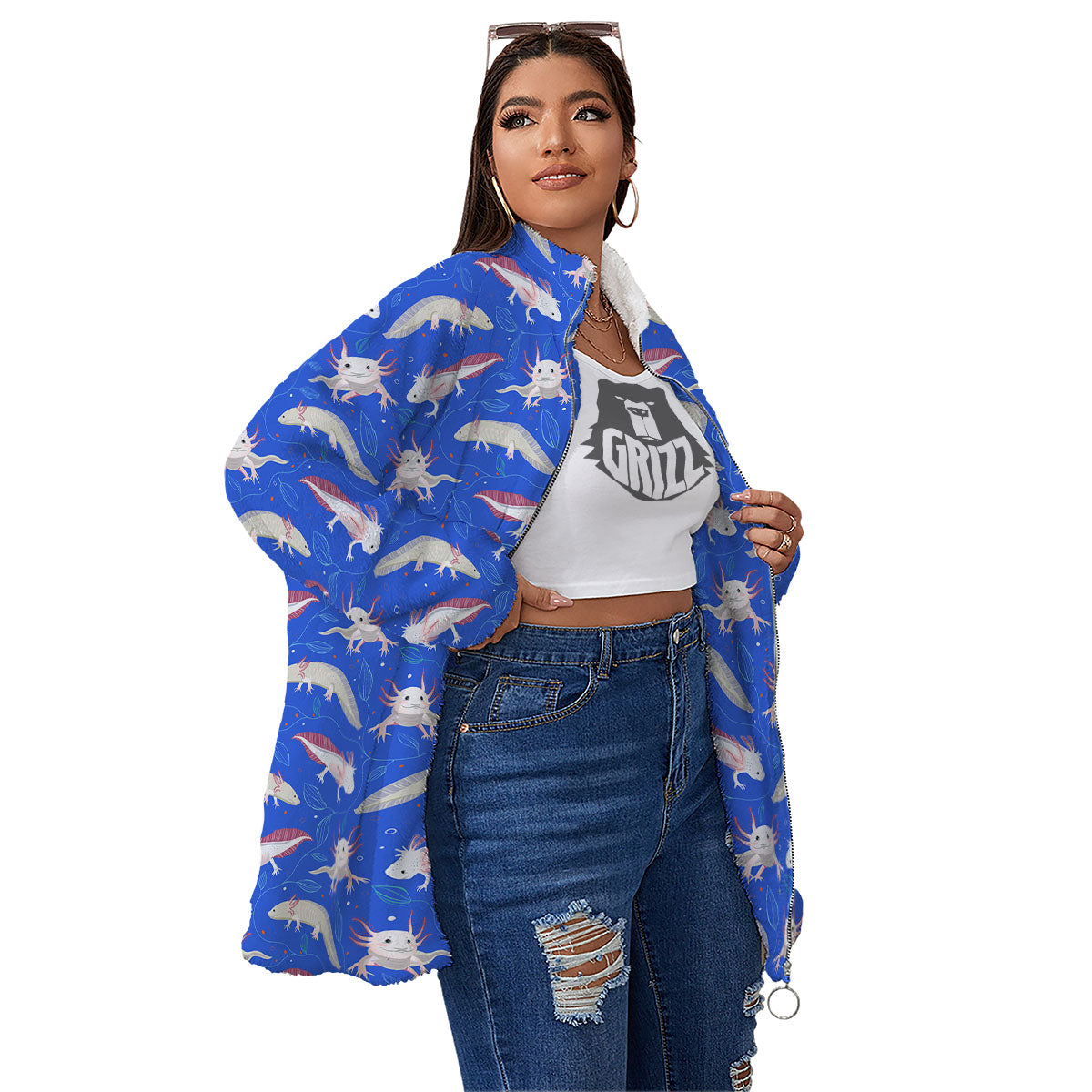 Axolotl Blue Print Pattern Women's Sherpa Jacket-grizzshop