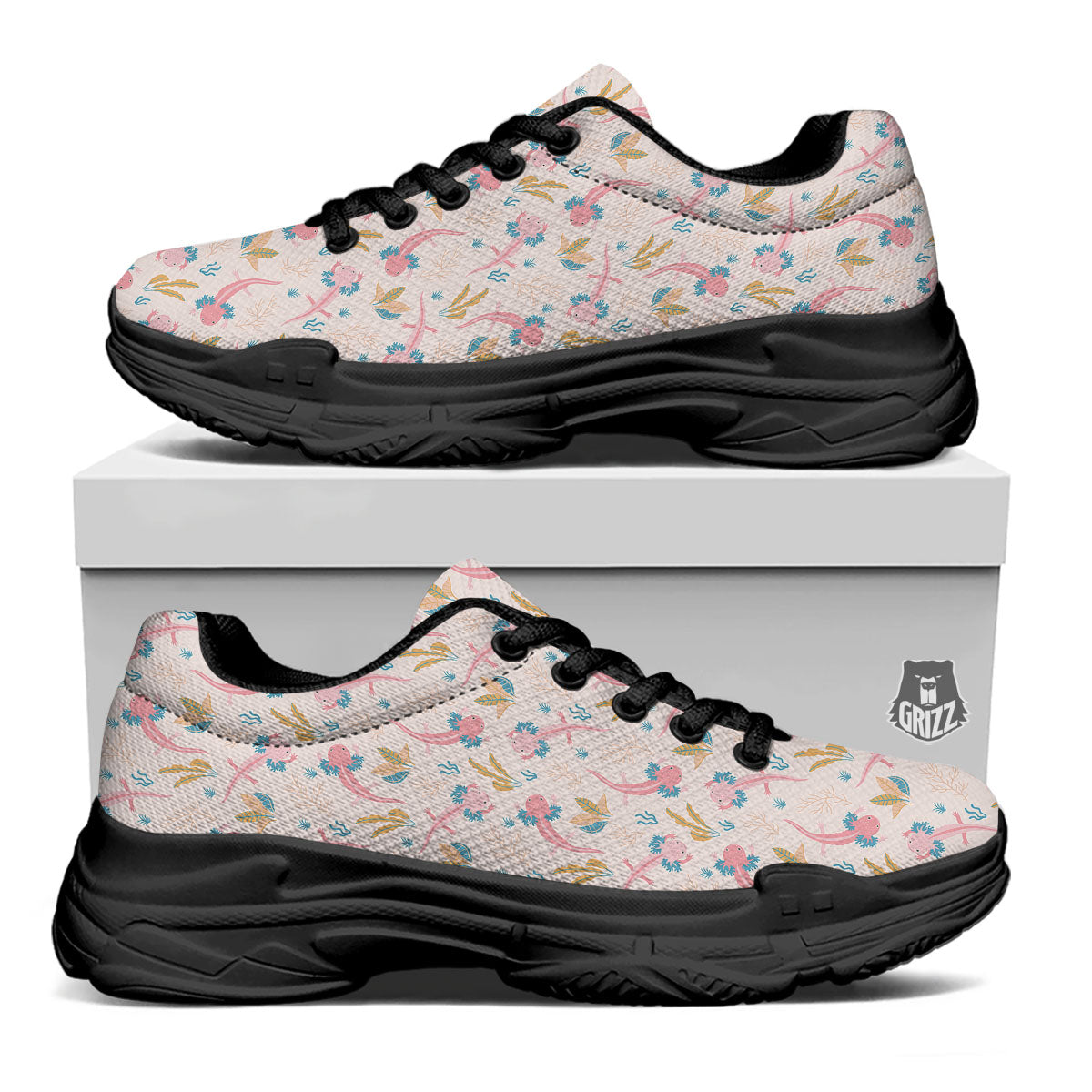Axolotl Pastel Print Pattern Black Chunky Shoes-grizzshop