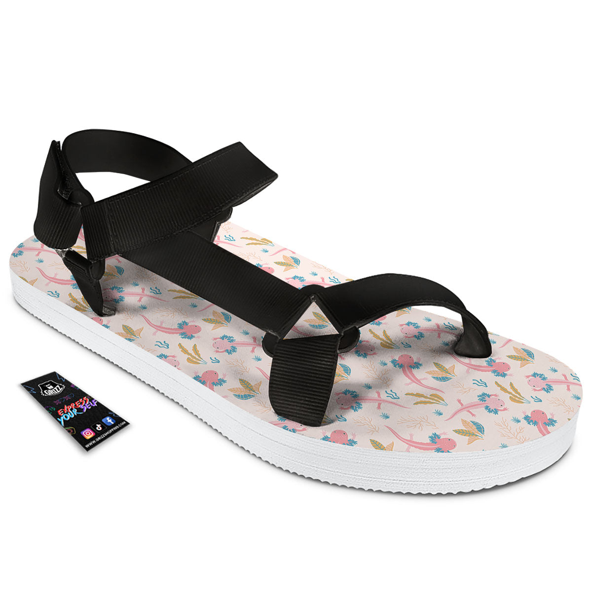 Axolotl Pastel Print Pattern Black Open Toe Sandals-grizzshop
