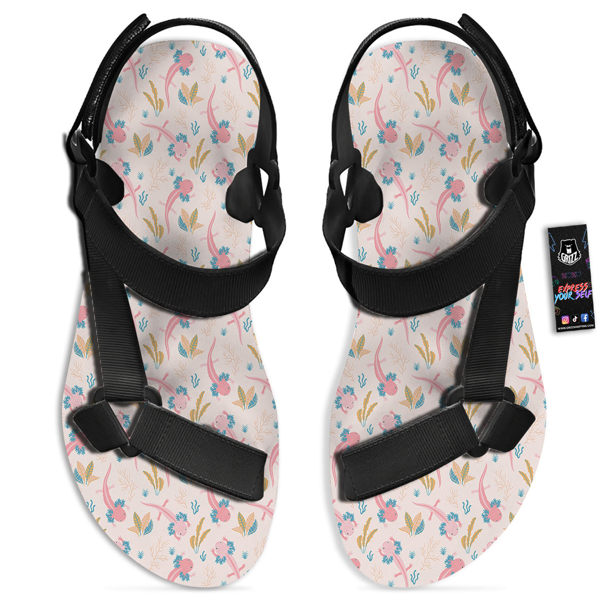 Axolotl Pastel Print Pattern Black Open Toe Sandals-grizzshop