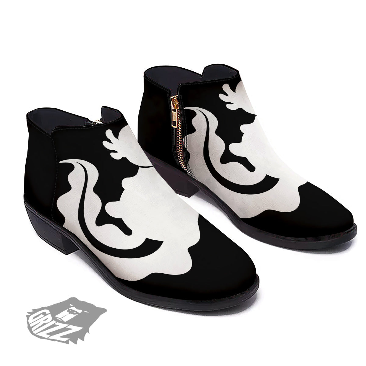 Axolotl White And Black Print Ankle Boots-grizzshop