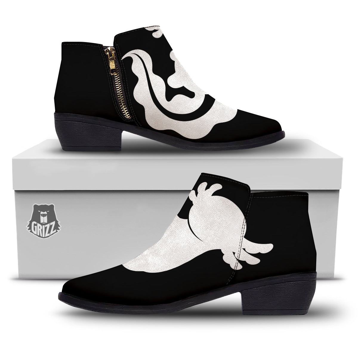 Axolotl White And Black Print Ankle Boots-grizzshop