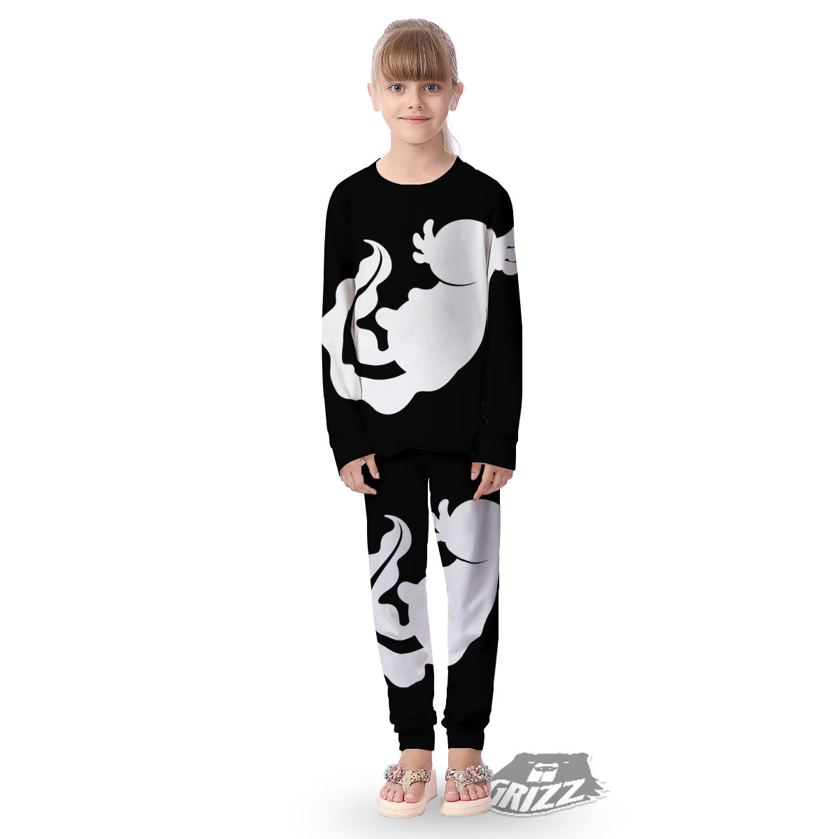 Axolotl White And Black Print Kid's Pajamas-grizzshop