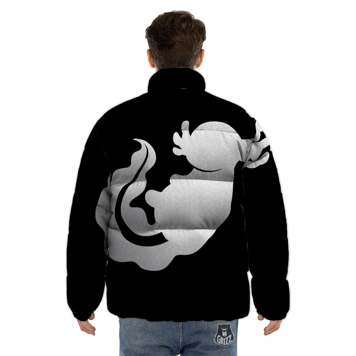 Axolotl White And Black Print Puffer Jacket-grizzshop