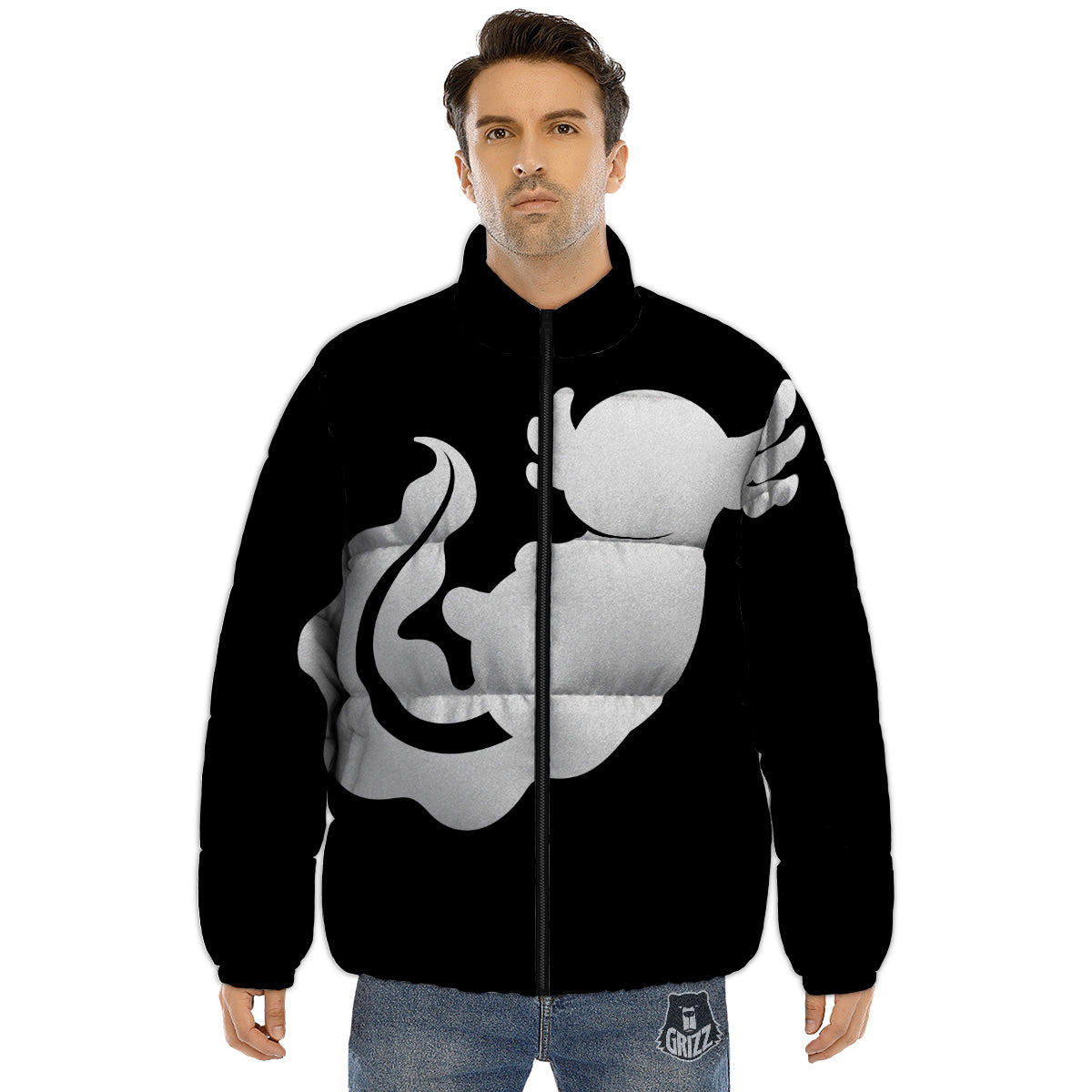 Axolotl White And Black Print Puffer Jacket-grizzshop