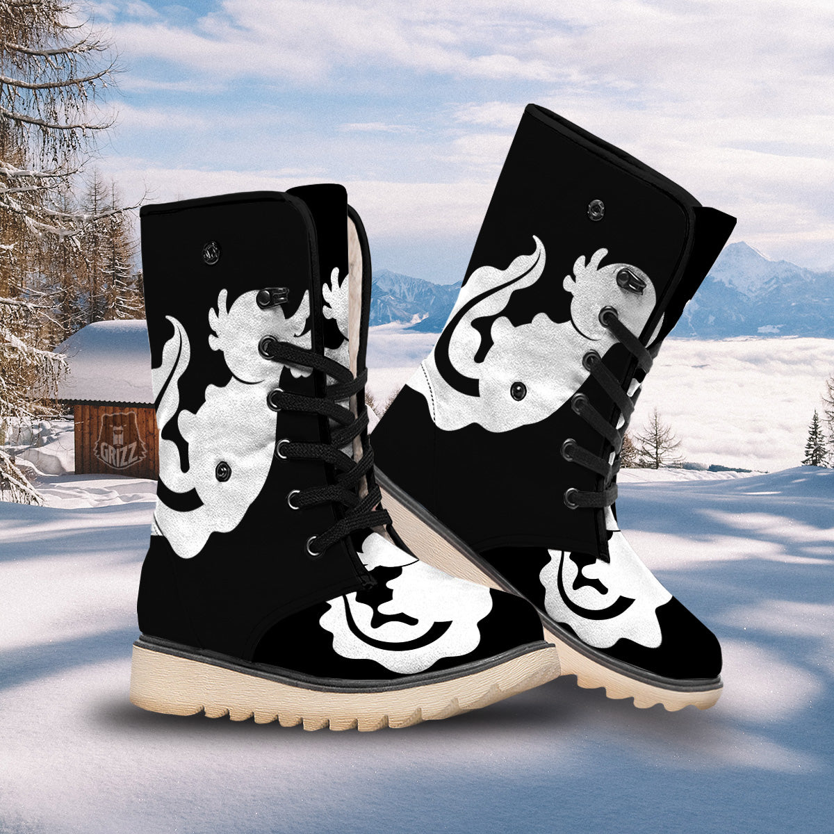 Axolotl White And Black Print Snow Boots-grizzshop