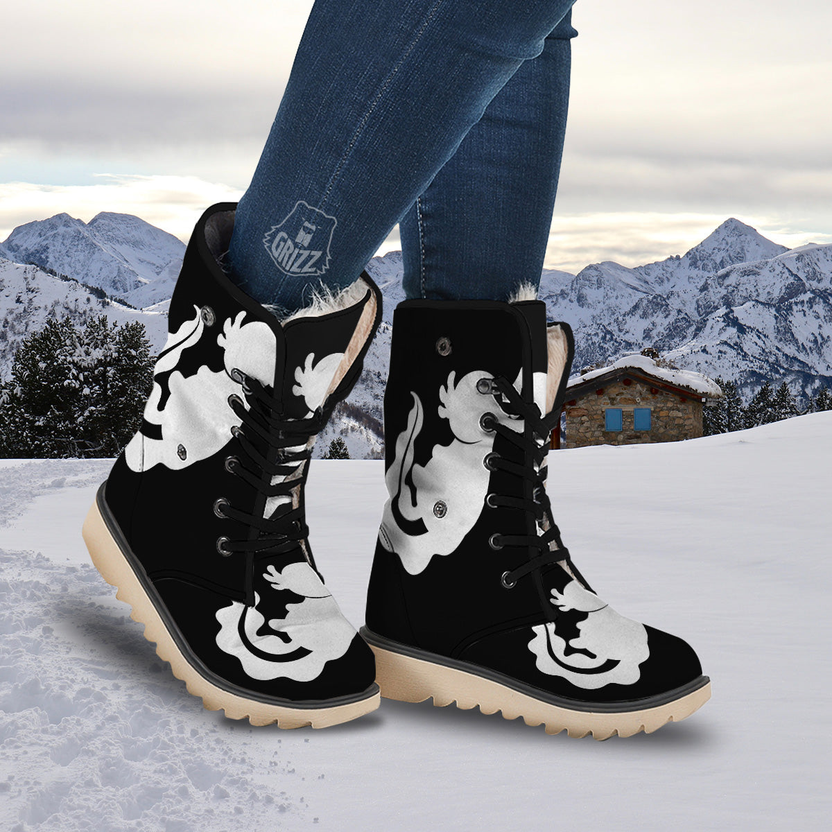 Axolotl White And Black Print Snow Boots-grizzshop