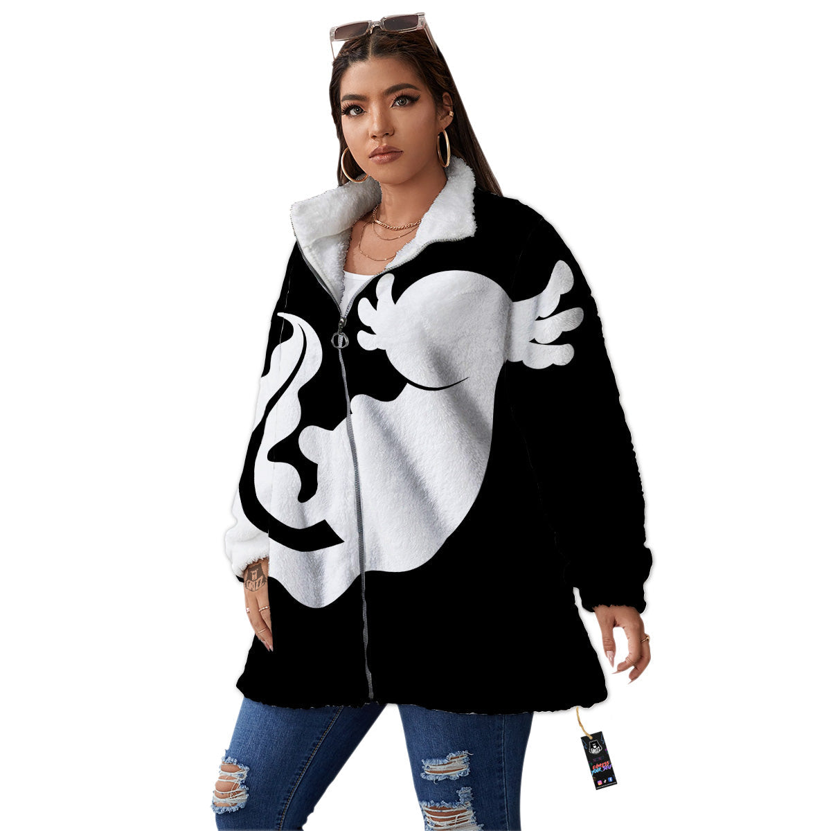 Axolotl White And Black Print Women's Sherpa Jacket-grizzshop