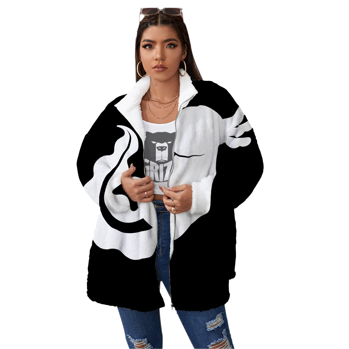 Axolotl White And Black Print Women's Sherpa Jacket-grizzshop