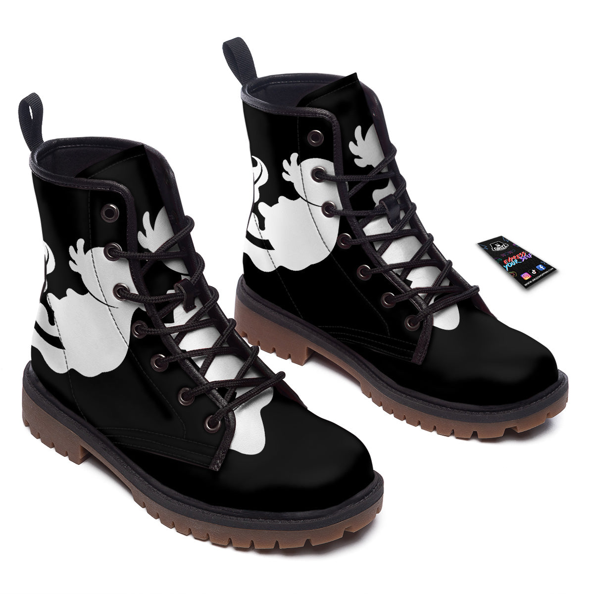 Axolotl White And Black Print Work Boots-grizzshop