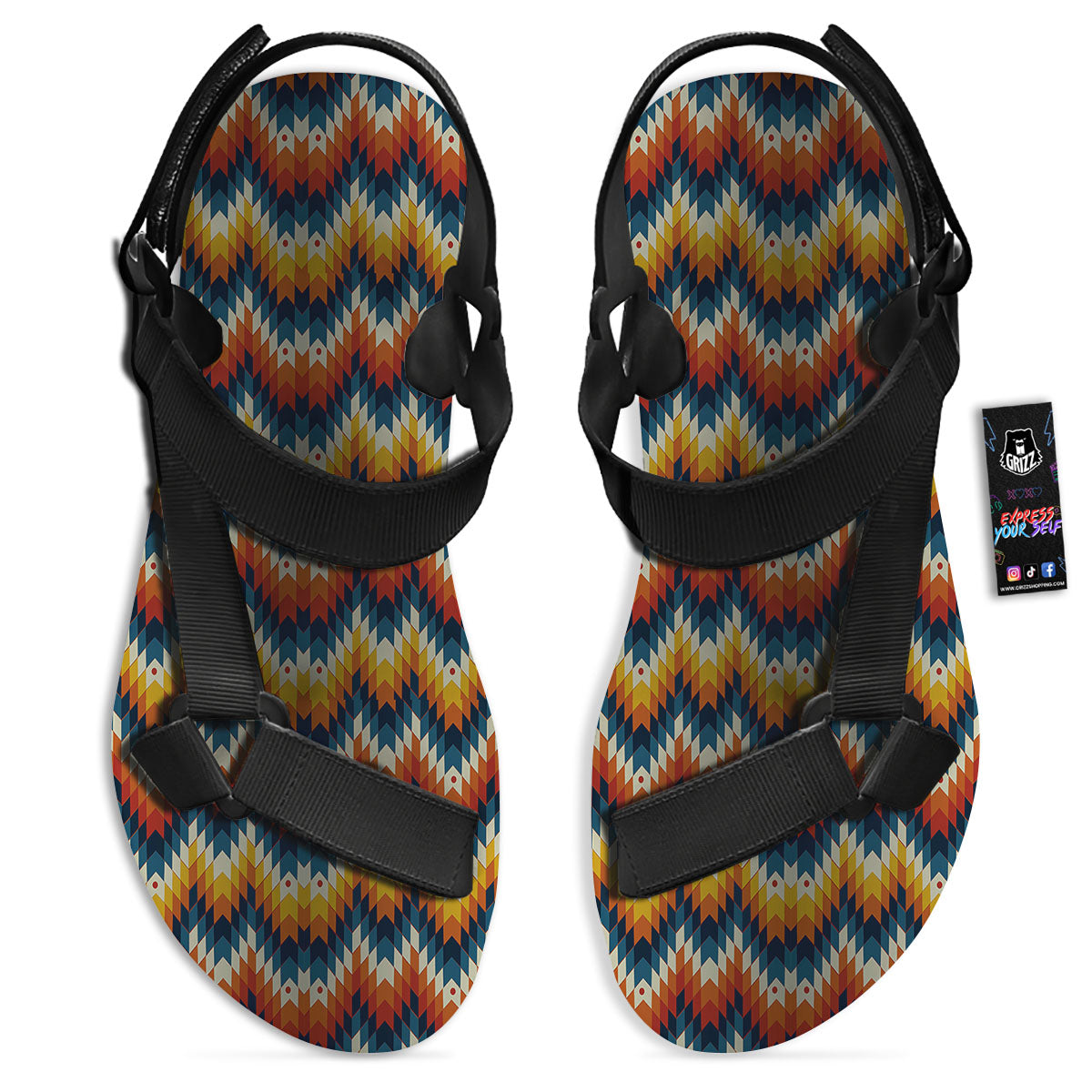Aztec American Print Pattern Black Open Toe Sandals-grizzshop