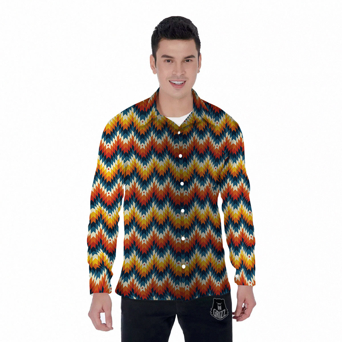 Aztec American Print Pattern Men's Long Sleeve Shirts-grizzshop